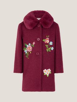 Monsoon Kids' Boucle Floral Embroidered Coat, Burgundy, Burgundy