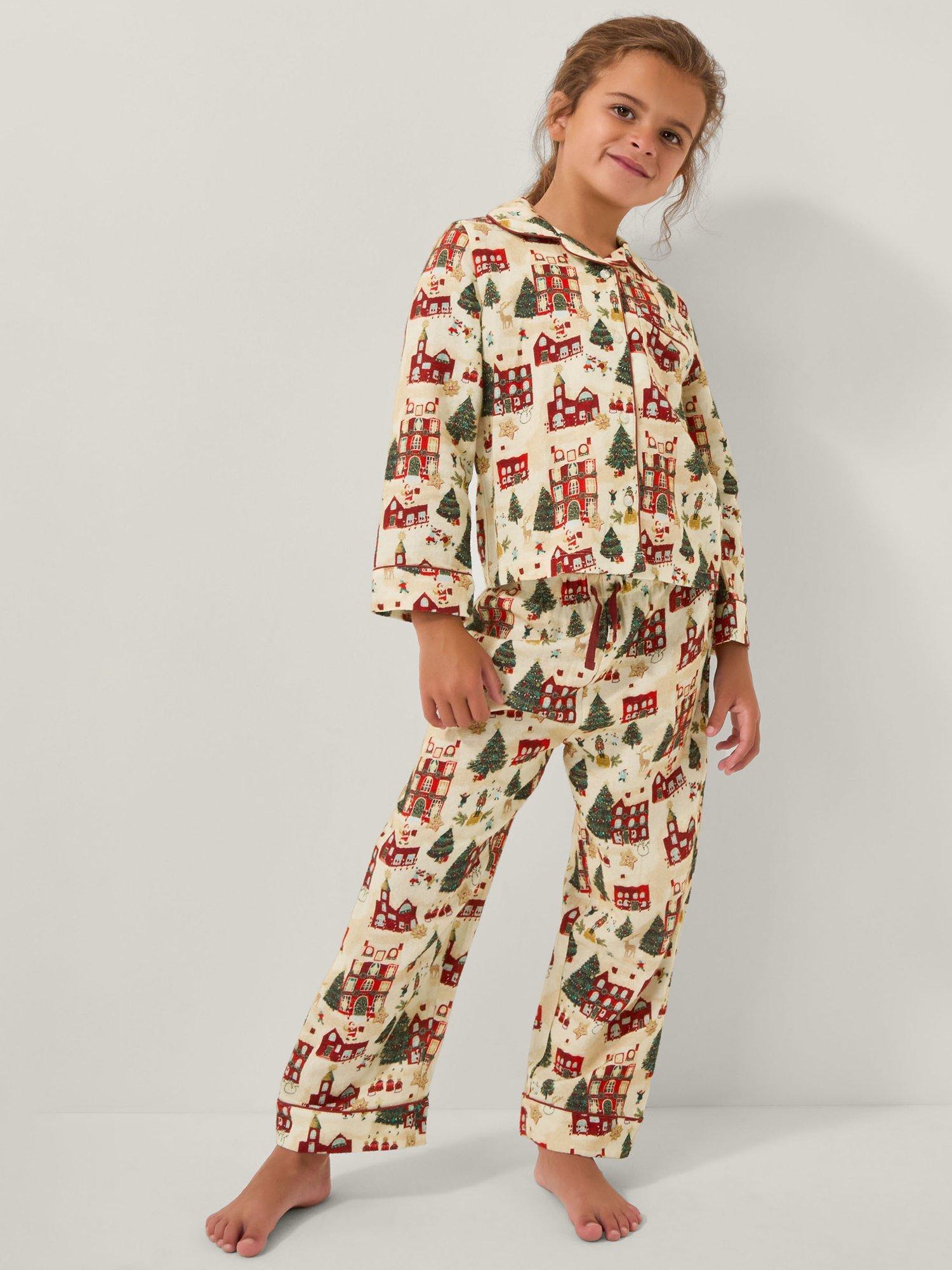 Product image 1 of 5, which shows Monsoon Kids' Cotton Long Sleeved Christmas Pyjamas, Cream/Multi, 3-4 years