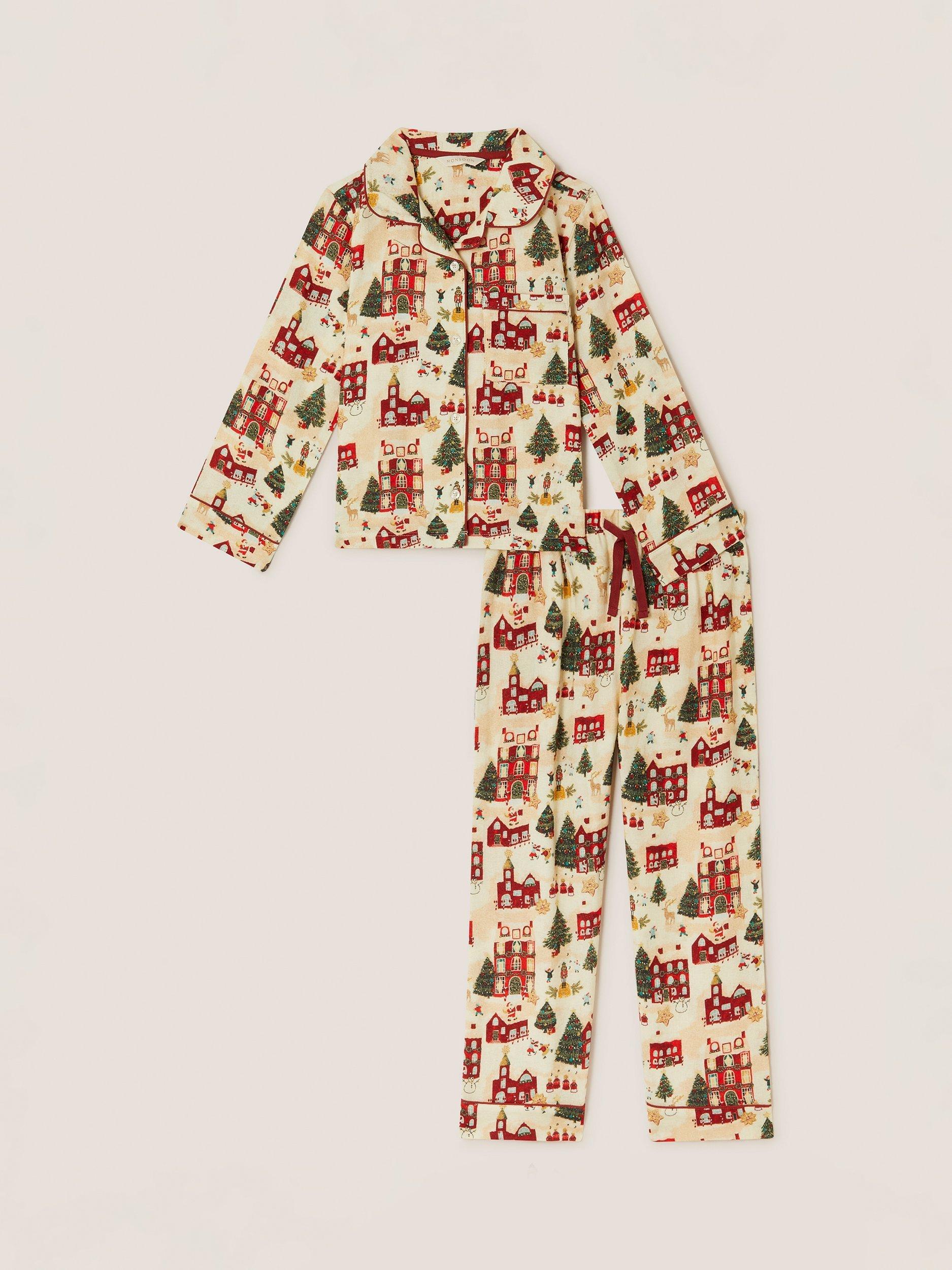 Product image 2 of 5, which shows Monsoon Kids' Cotton Long Sleeved Christmas Pyjamas, Cream/Multi, 3-4 years
