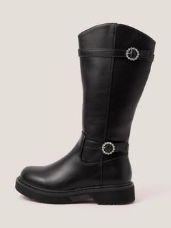 Monsoon Kids' Knee High Diamante Buckle Boots, Black, Black