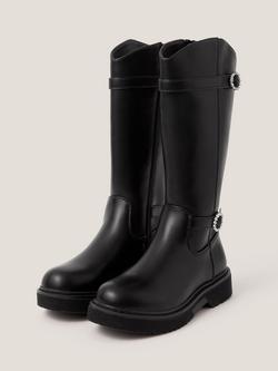 Monsoon Kids' Knee High Diamante Buckle Boots, Black - view 2, Black