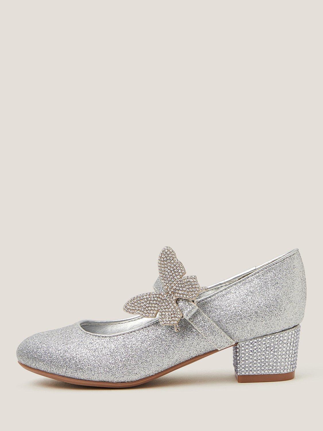 Product image 1 of 3, which shows Monsoon Kids' Glitter Butterfly Heel Shoes, Silver, 7 Jnr