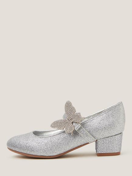 Monsoon Kids' Glitter Butterfly Heel Shoes, Silver, Silver