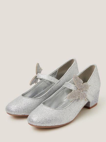Monsoon Kids' Glitter Butterfly Heel Shoes, Silver - view 2, Silver