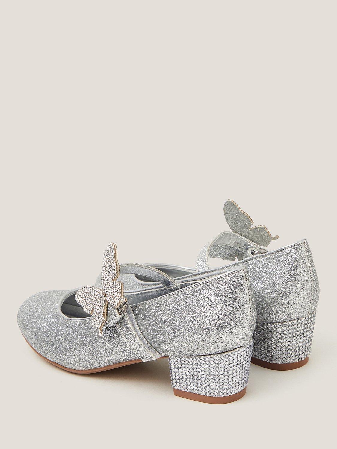 Product image 3 of 3, which shows Monsoon Kids' Glitter Butterfly Heel Shoes, Silver, 7 Jnr