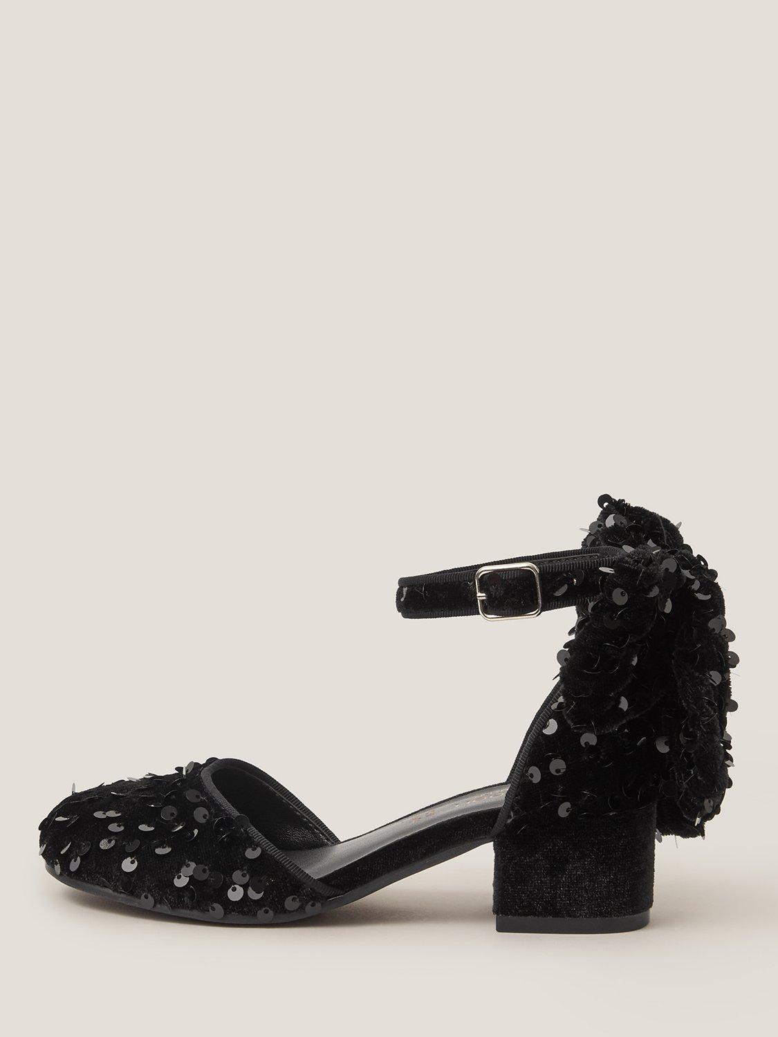 Product image 1 of 3, which shows Monsoon Kids' Velvet Block Heel Sequin Bow Shoes, Black, 3