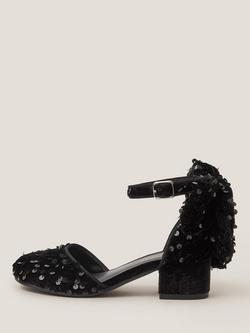 Monsoon Kids' Velvet Block Heel Sequin Bow Shoes, Black