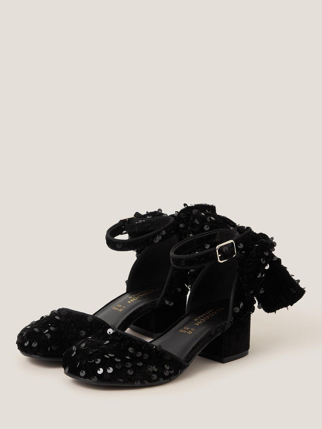Product image 2 of 3, which shows Monsoon Kids' Velvet Block Heel Sequin Bow Shoes, Black, 3