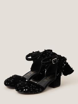 Monsoon Kids' Velvet Block Heel Sequin Bow Shoes - view 2, Black