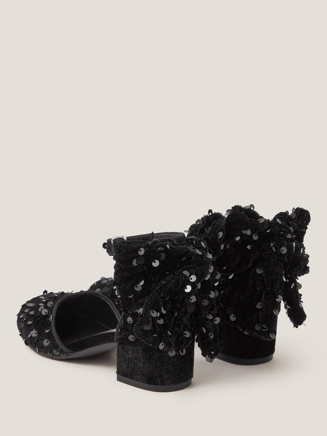 Product image 3 of 3, which shows Monsoon Kids' Velvet Block Heel Sequin Bow Shoes, Black, 3