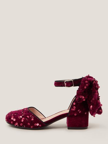 Monsoon Kids' Velvet Block Heel Sequin Bow Shoes, Burgundy