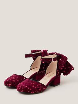 Monsoon Kids' Velvet Block Heel Sequin Bow Shoes - view 2, Burgundy