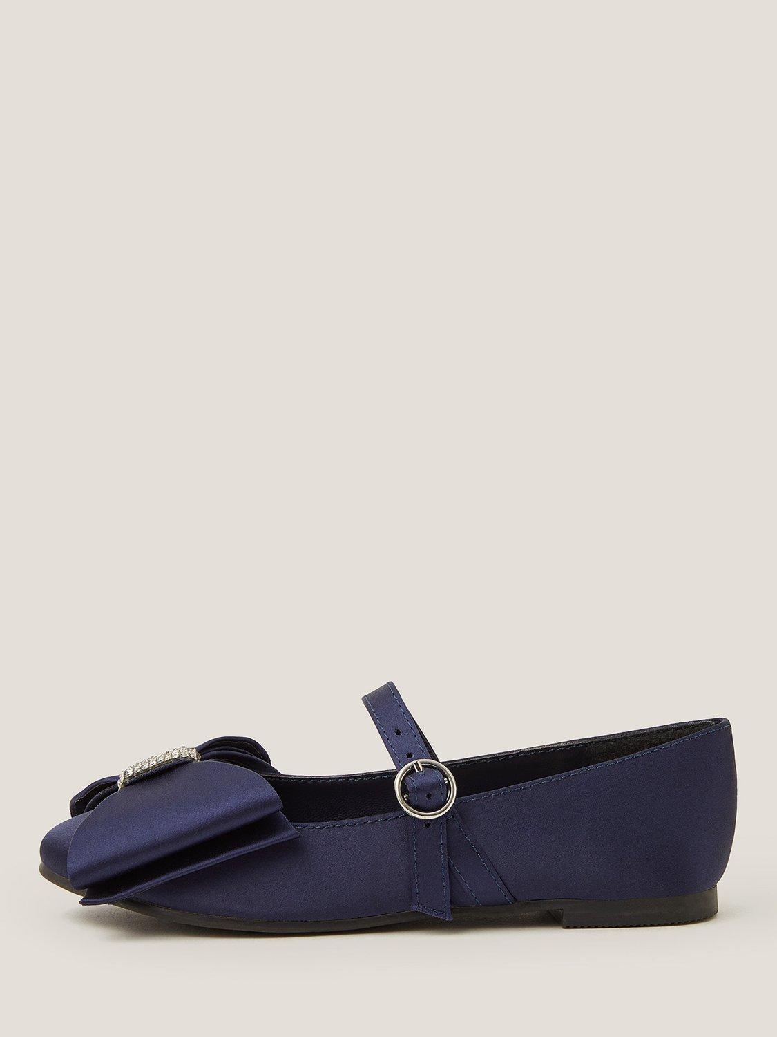 Product image 1 of 3, which shows Monsoon Kids' Satin Bow Ballerina Shoes, Navy, 7 Jnr