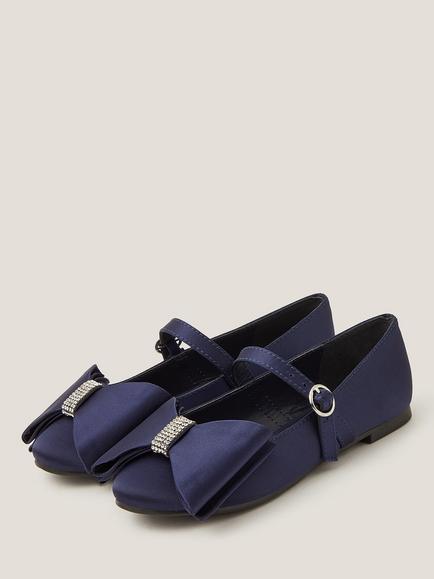Monsoon Kids' Satin Bow Ballerina Shoes - view 2, Navy
