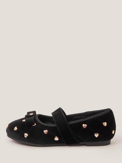 Monsoon Kids' Vel Studded Heart Ballerina Shoes, Black, Black