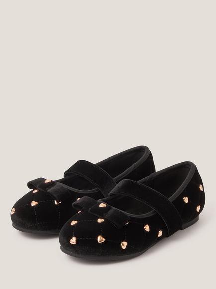 Monsoon Kids' Vel Studded Heart Ballerina Shoes, Black - view 2, Black