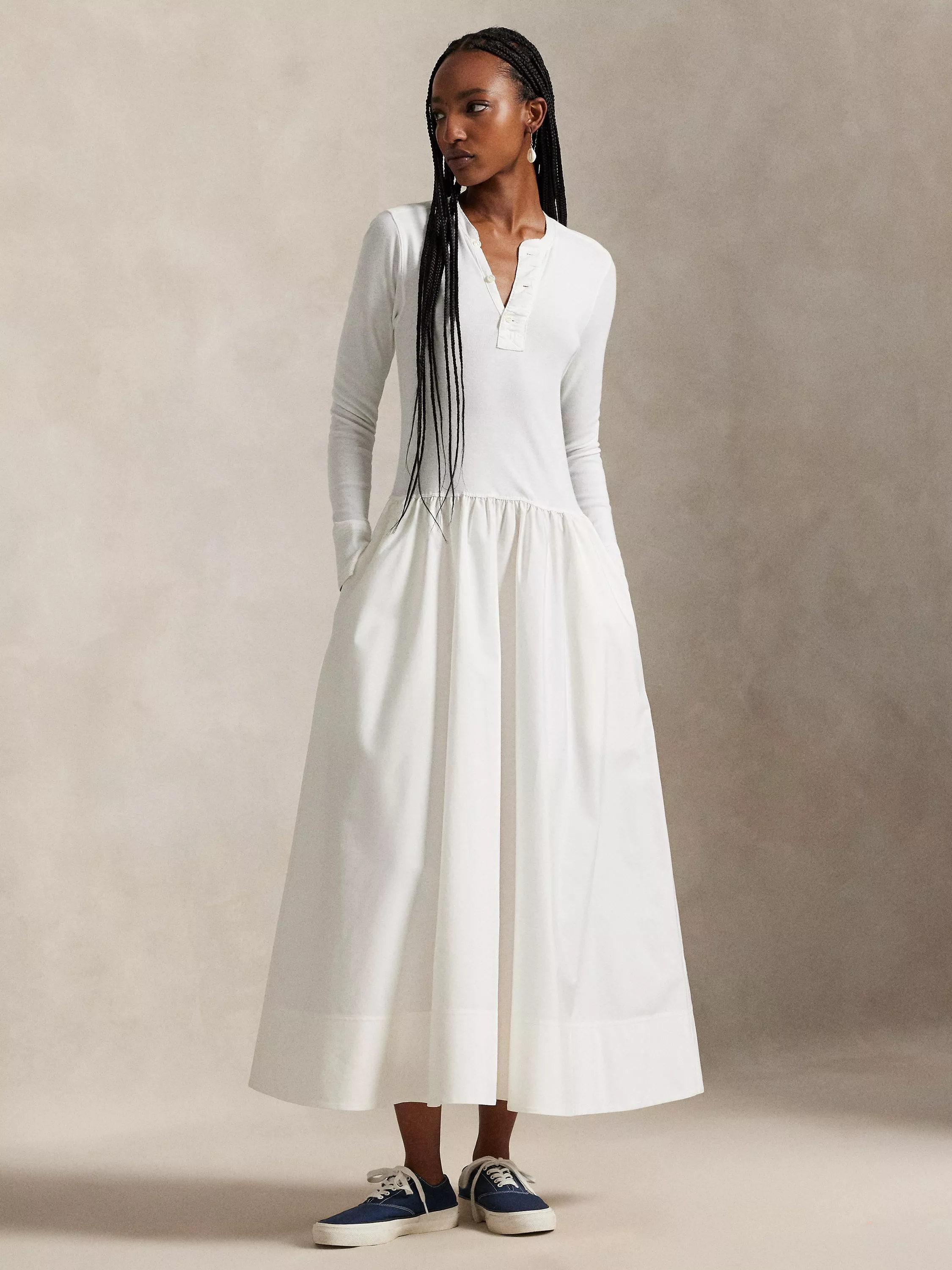 green emerald velvet dress Authentic Cream Crewneck Long Sleeve Fit and Flare Dress main image 1