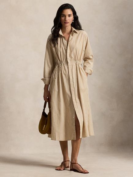 Polo Ralph Lauren Striped Woven Cotton Linen Blend Midi Shirt Dress, Camel/White, Camel/White
