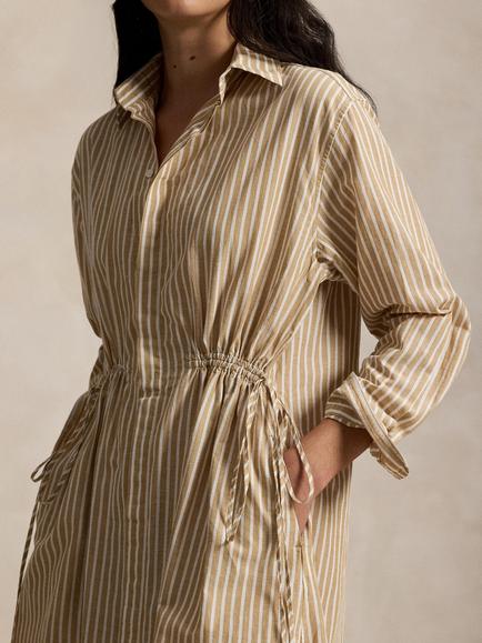 Polo Ralph Lauren Striped Woven Cotton Linen Blend Midi Shirt Dress, Camel/White - view 2, Camel/White