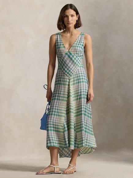 Polo Ralph Lauren Plaid Check Panelled Sleeveless Dress, Blue Mauve Plaid, Blue Mauve Plaid