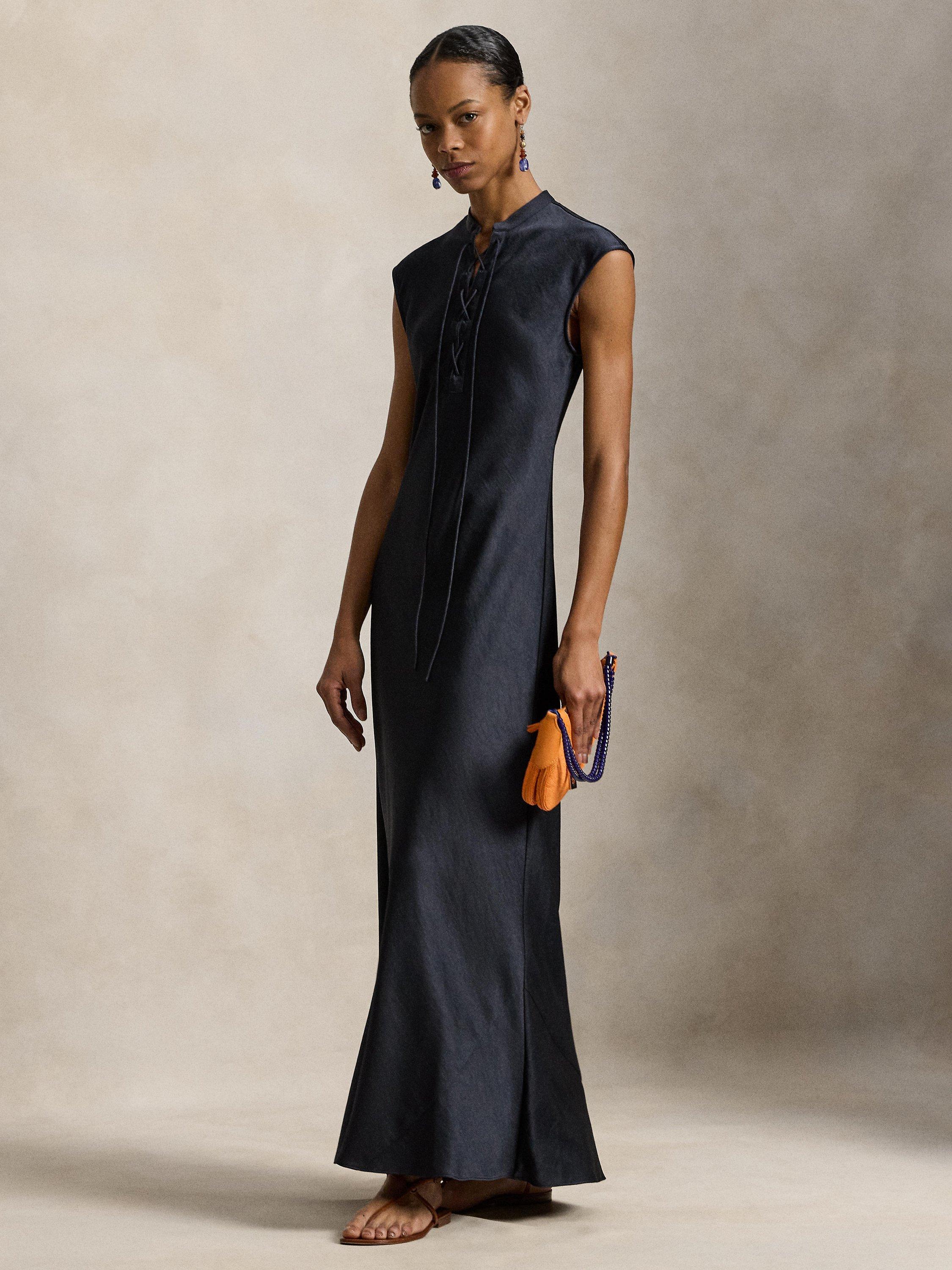Polo Ralph Lauren Lace Up Satin Maxi Dress, Atlantic