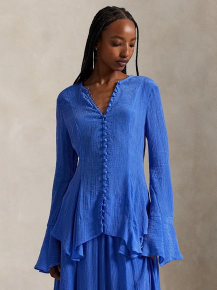 Polo Ralph Lauren Crinkle Button Front Top, Indigo, Indigo