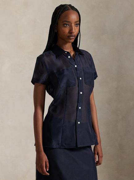 Polo Ralph Lauren Woven Silk Organza Blouse, Navy
