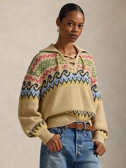 Polo Ralph Lauren Fair Isle Cotton Blend Fine V-Neck Sweater, Tan Multi