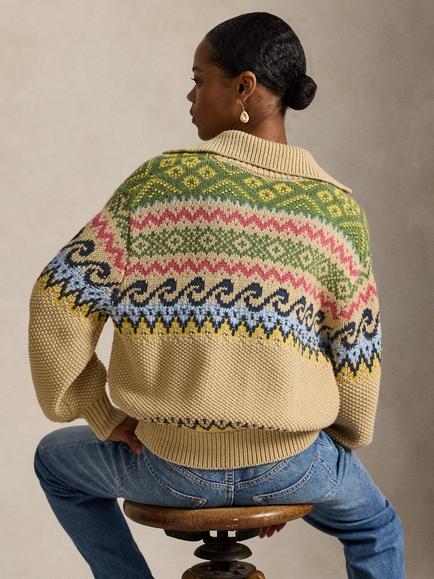 Polo Ralph Lauren Fair Isle Cotton Blend Fine V-Neck Sweater - view 2, Tan Multi