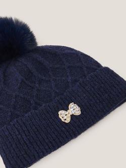 Monsoon Kids' Diamond Bow Pom Pom Beanie Hat, Navy - view 2, Navy