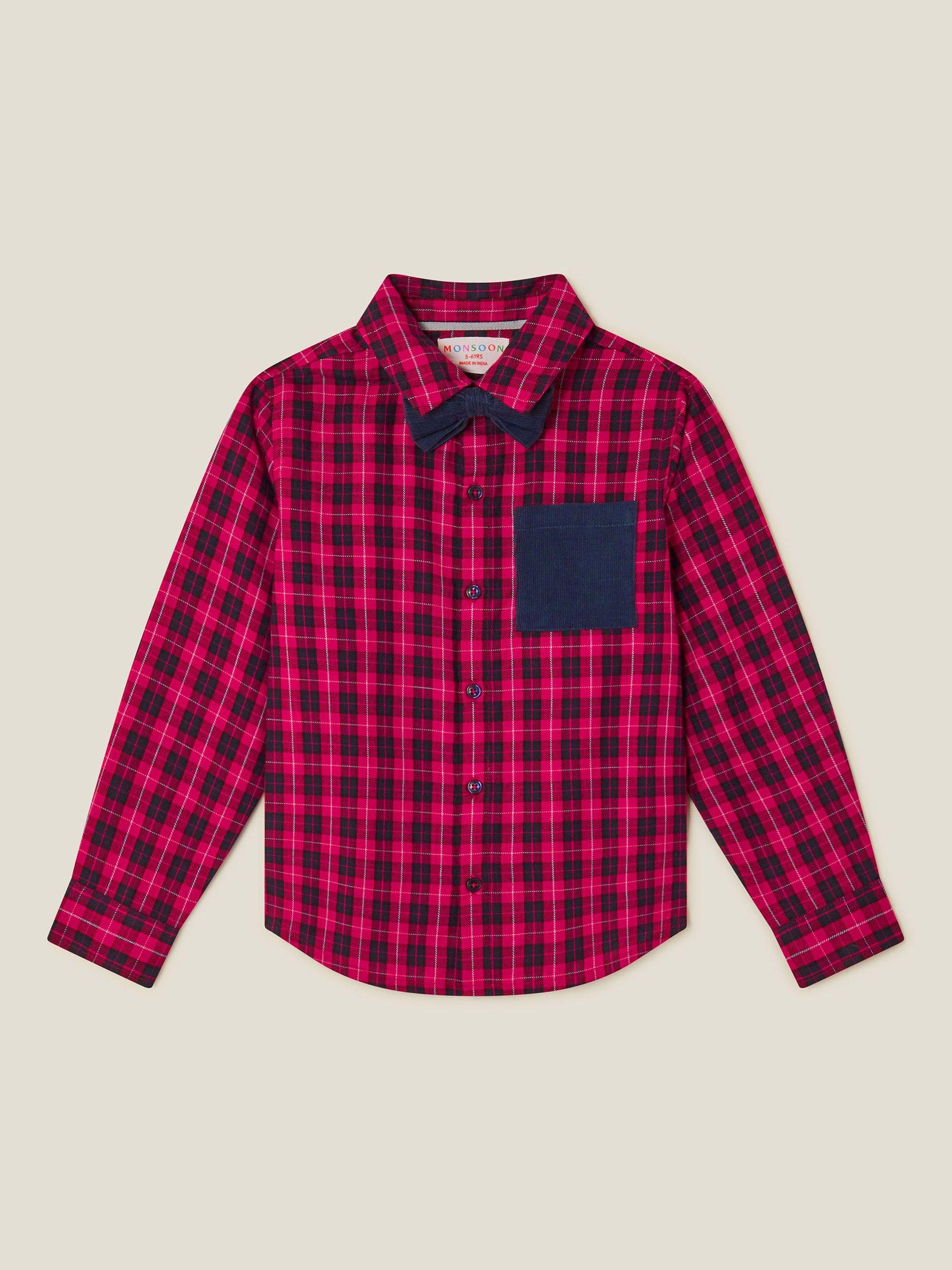 Product image 1 of 3, which shows Monsoon Kids' Tartan Shirt & Bow Tie Set, Red, 2-3 years