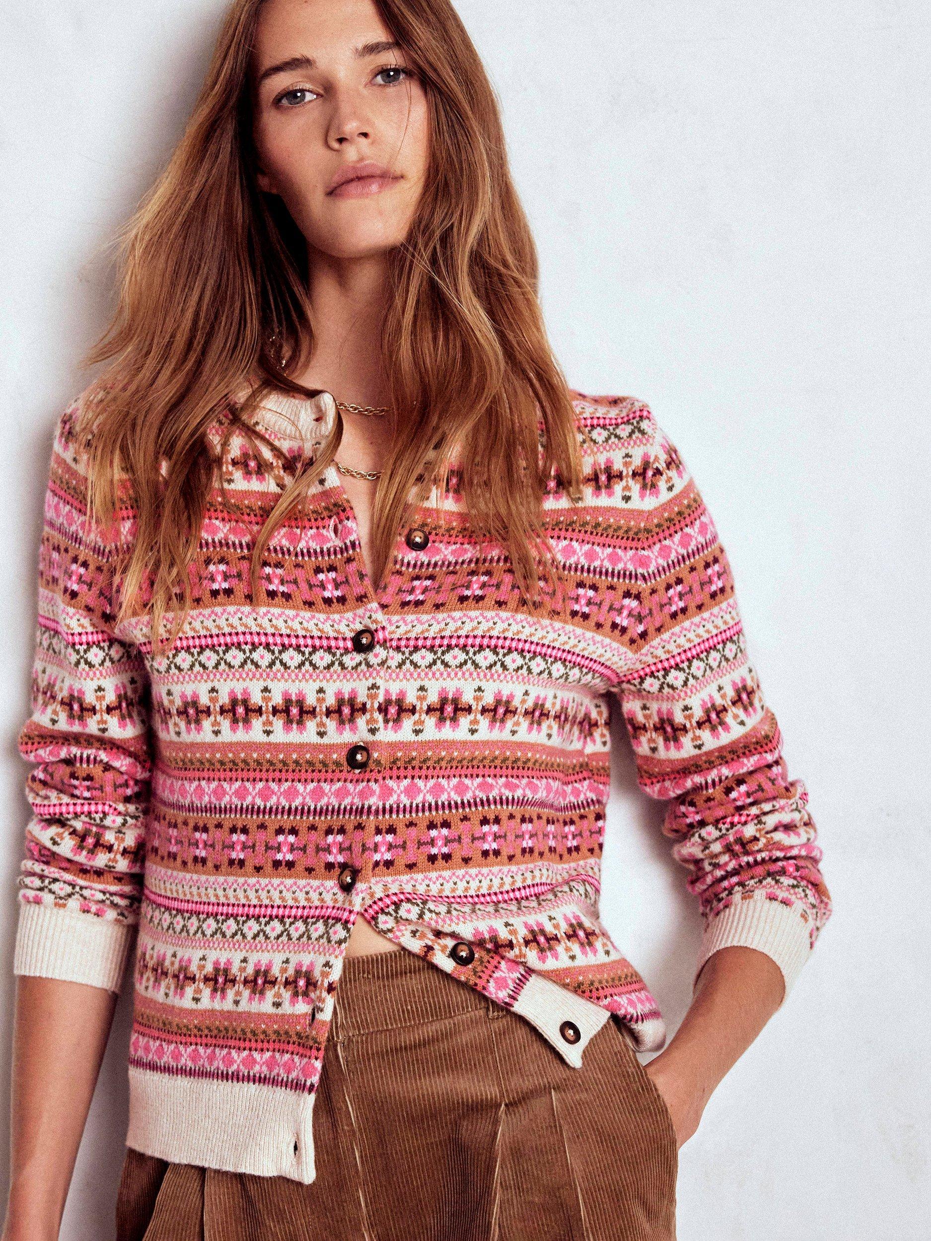Product image 1 of 4, which shows Boden Wool Blend Edie Fair Isle Round Neck Cardigan, Pink/Multi, M