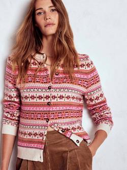 Boden Wool Blend Edie Fair Isle Round Neck Cardigan, Pink/Multi