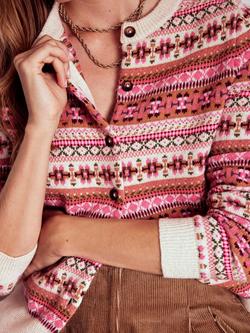 Boden Wool Blend Edie Fair Isle Round Neck Cardigan - view 2, Pink/Multi