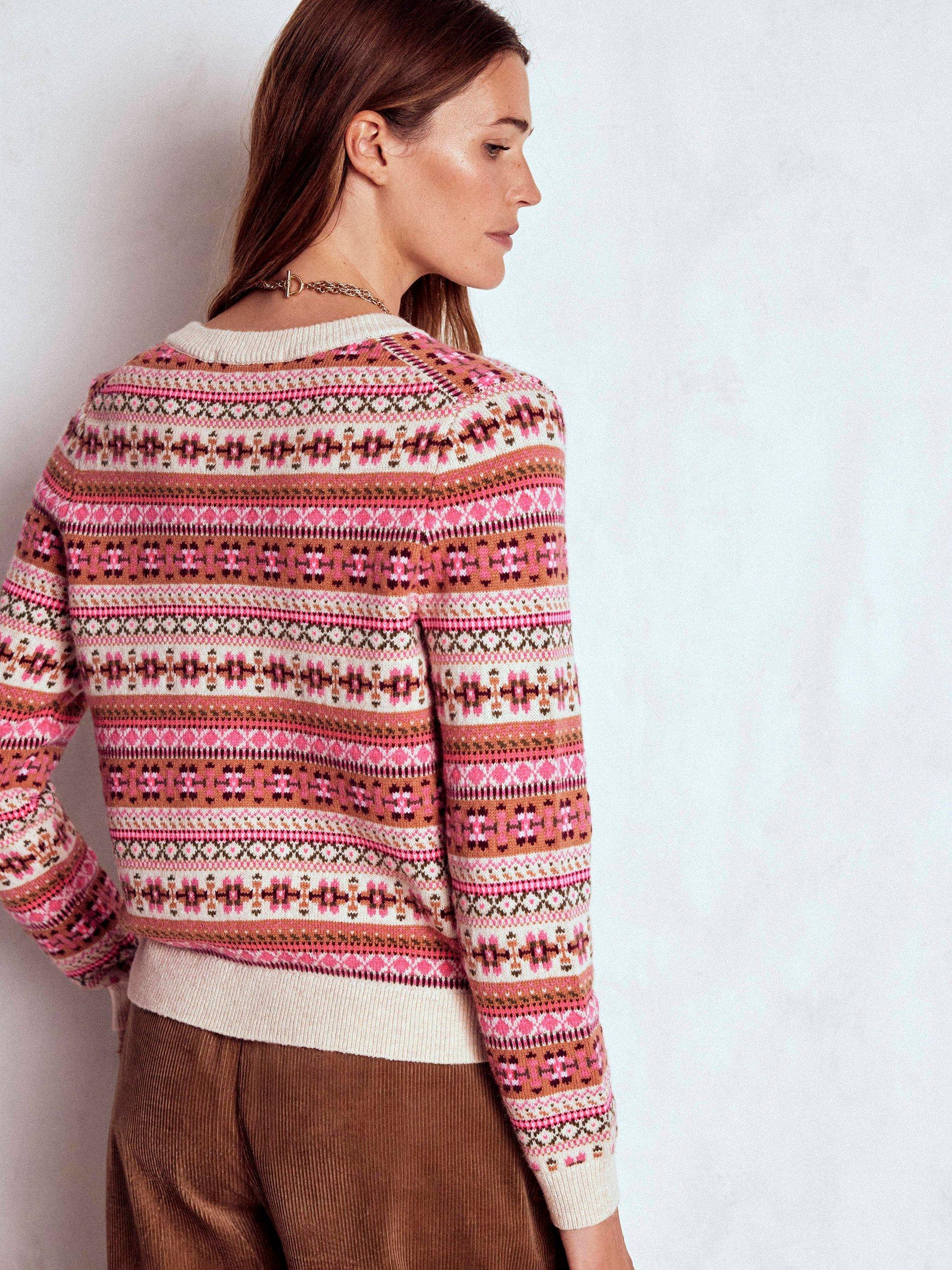 Product image 3 of 4, which shows Boden Wool Blend Edie Fair Isle Round Neck Cardigan, Pink/Multi, M