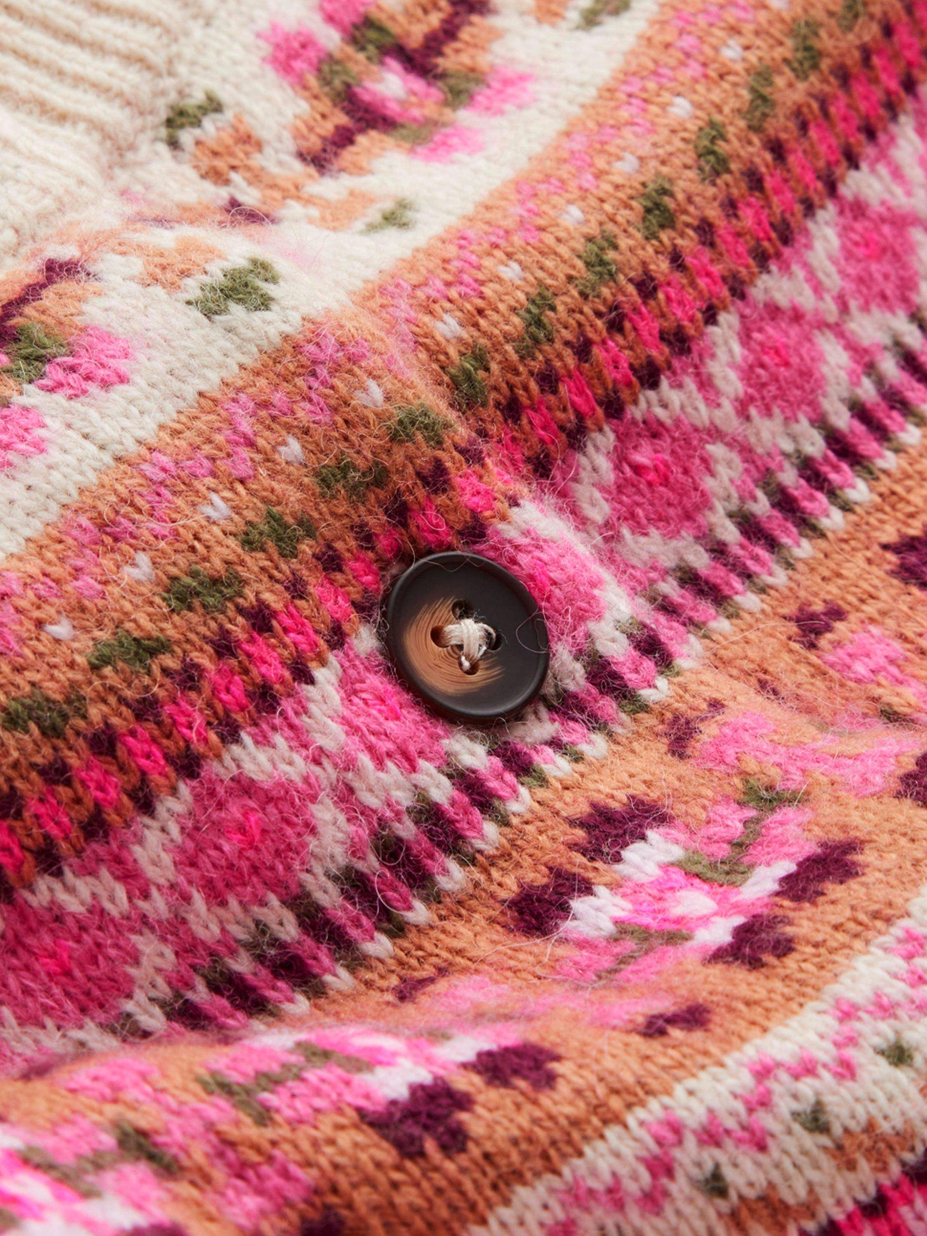 Product image 4 of 4, which shows Boden Wool Blend Edie Fair Isle Round Neck Cardigan, Pink/Multi, M