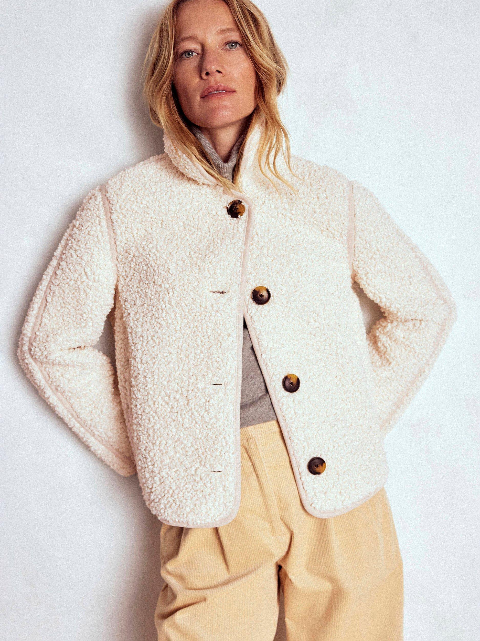 Product image 1 of 5, which shows Boden Borg Pile Curved Hem Jacket, Natural, 16