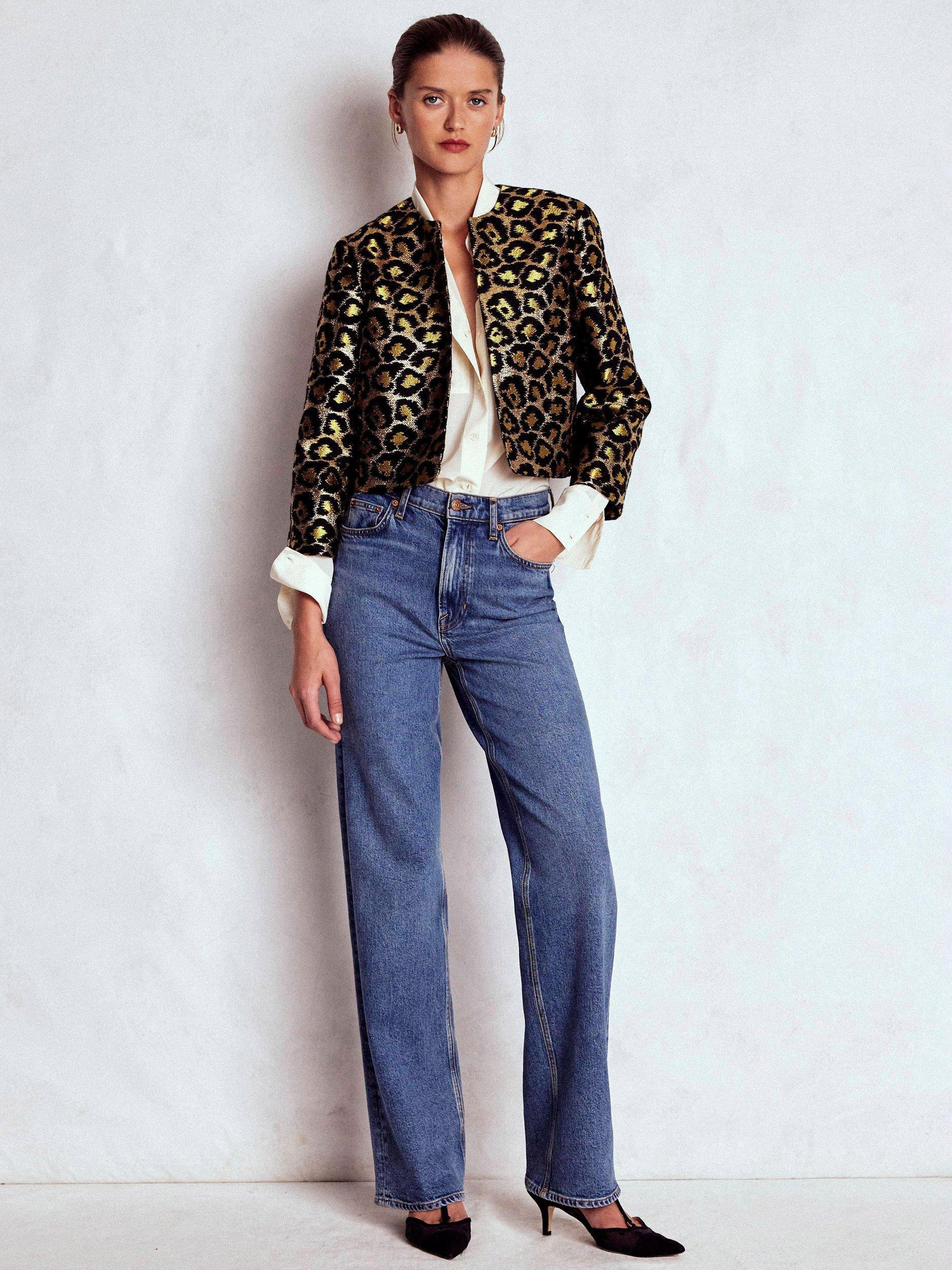 Product image 1 of 7, which shows Boden Feminine Party Leopard Print Round Neck Cropped Blazer, Multi, 8