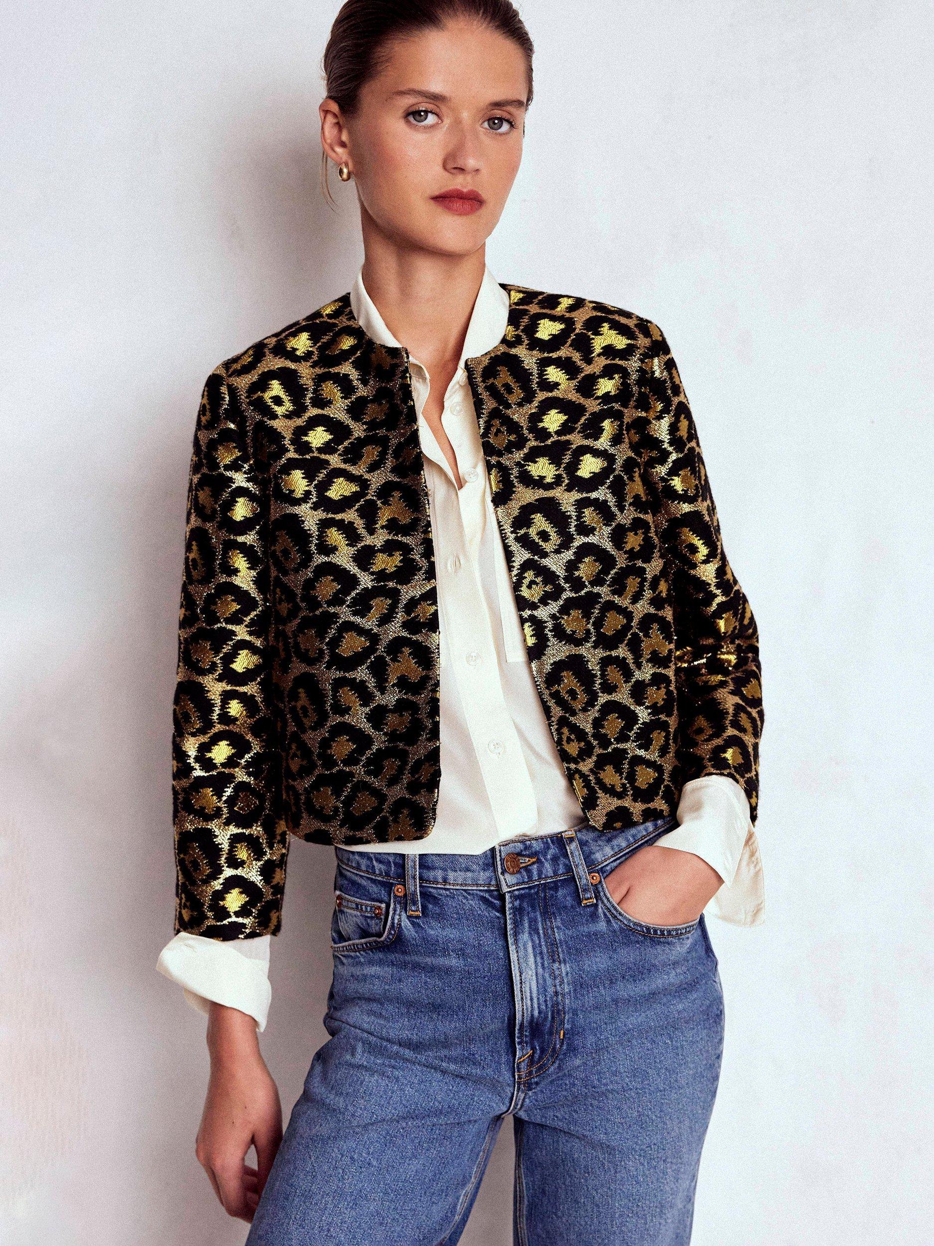 Product image 3 of 7, which shows Boden Feminine Party Leopard Print Round Neck Cropped Blazer, Multi, 8