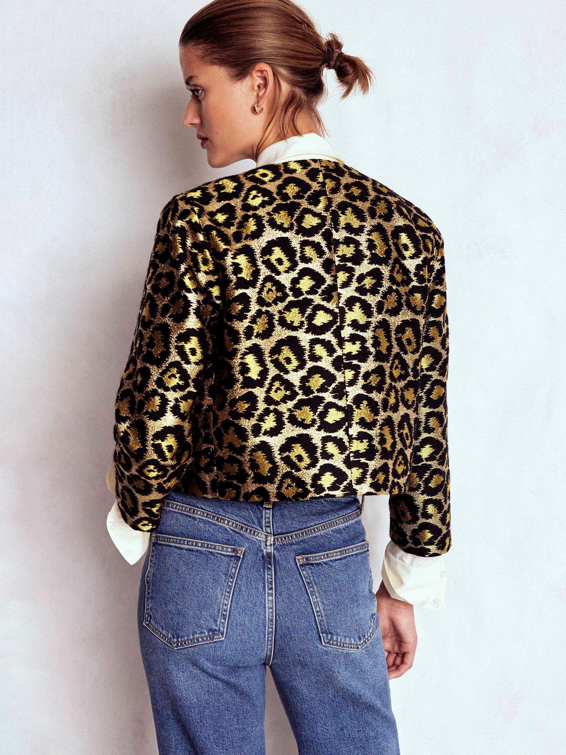 Product image 4 of 7, which shows Boden Feminine Party Leopard Print Round Neck Cropped Blazer, Multi, 8