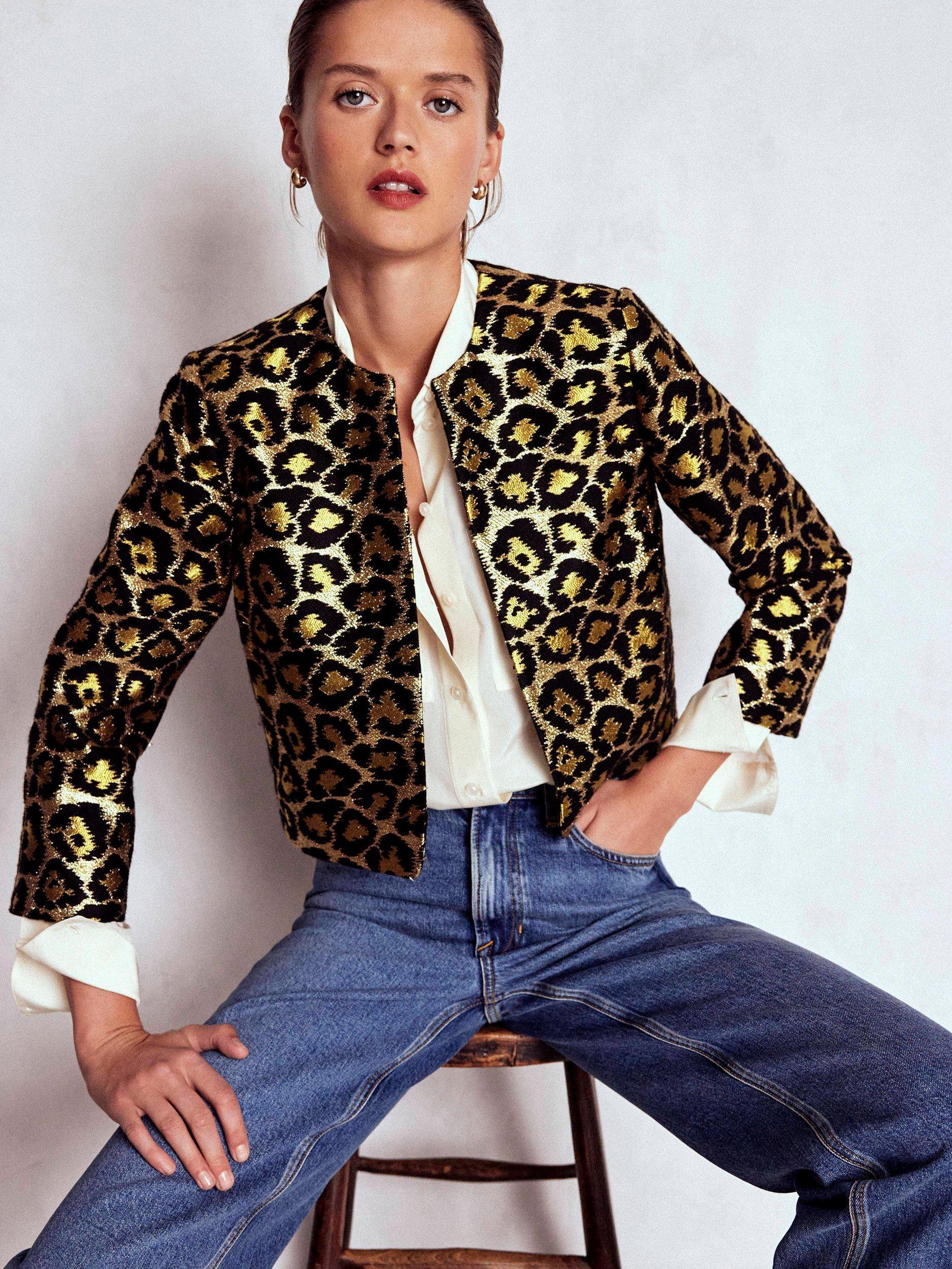 Product image 5 of 7, which shows Boden Feminine Party Leopard Print Round Neck Cropped Blazer, Multi, 8