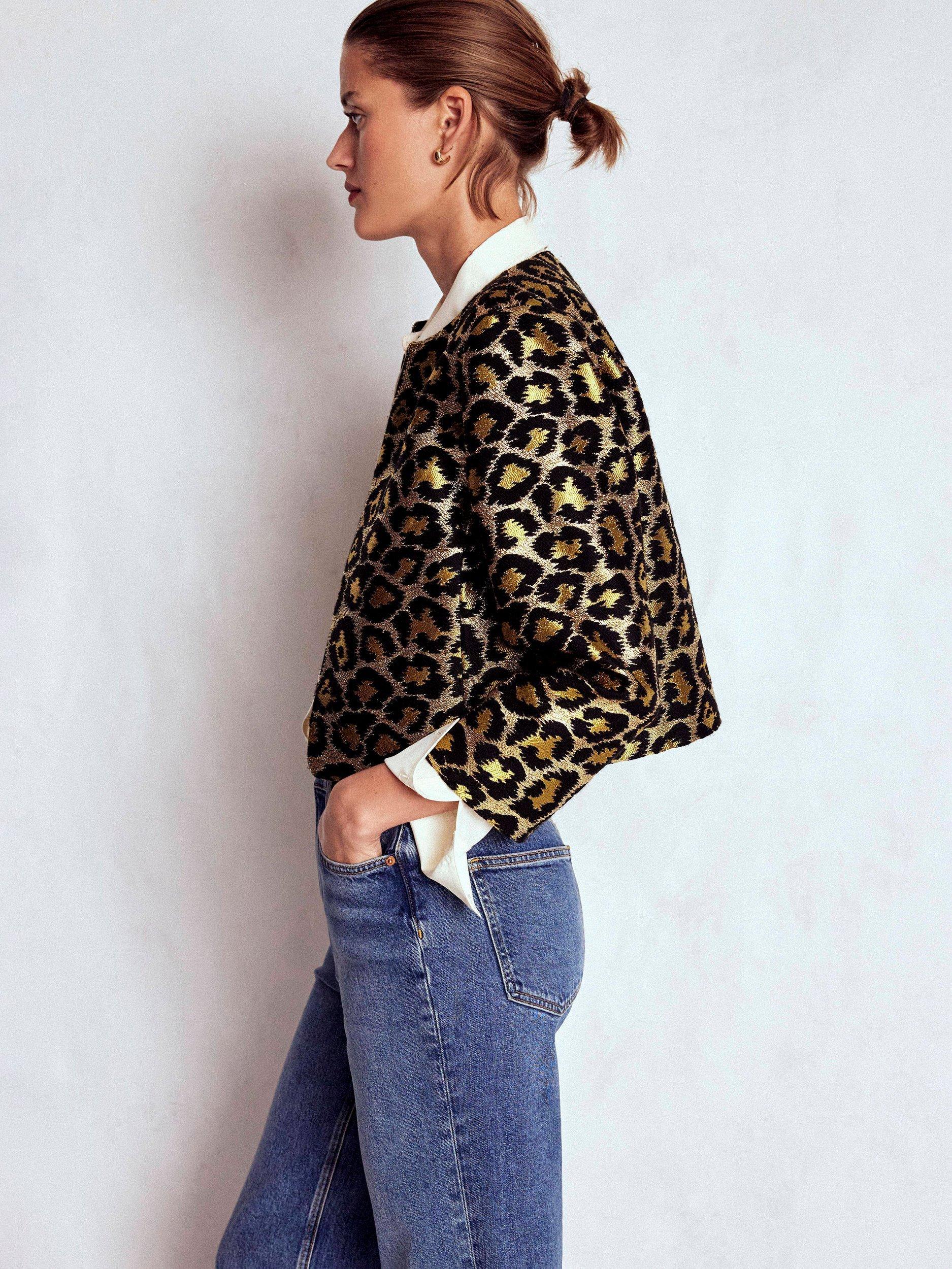 Product image 6 of 7, which shows Boden Feminine Party Leopard Print Round Neck Cropped Blazer, Multi, 8