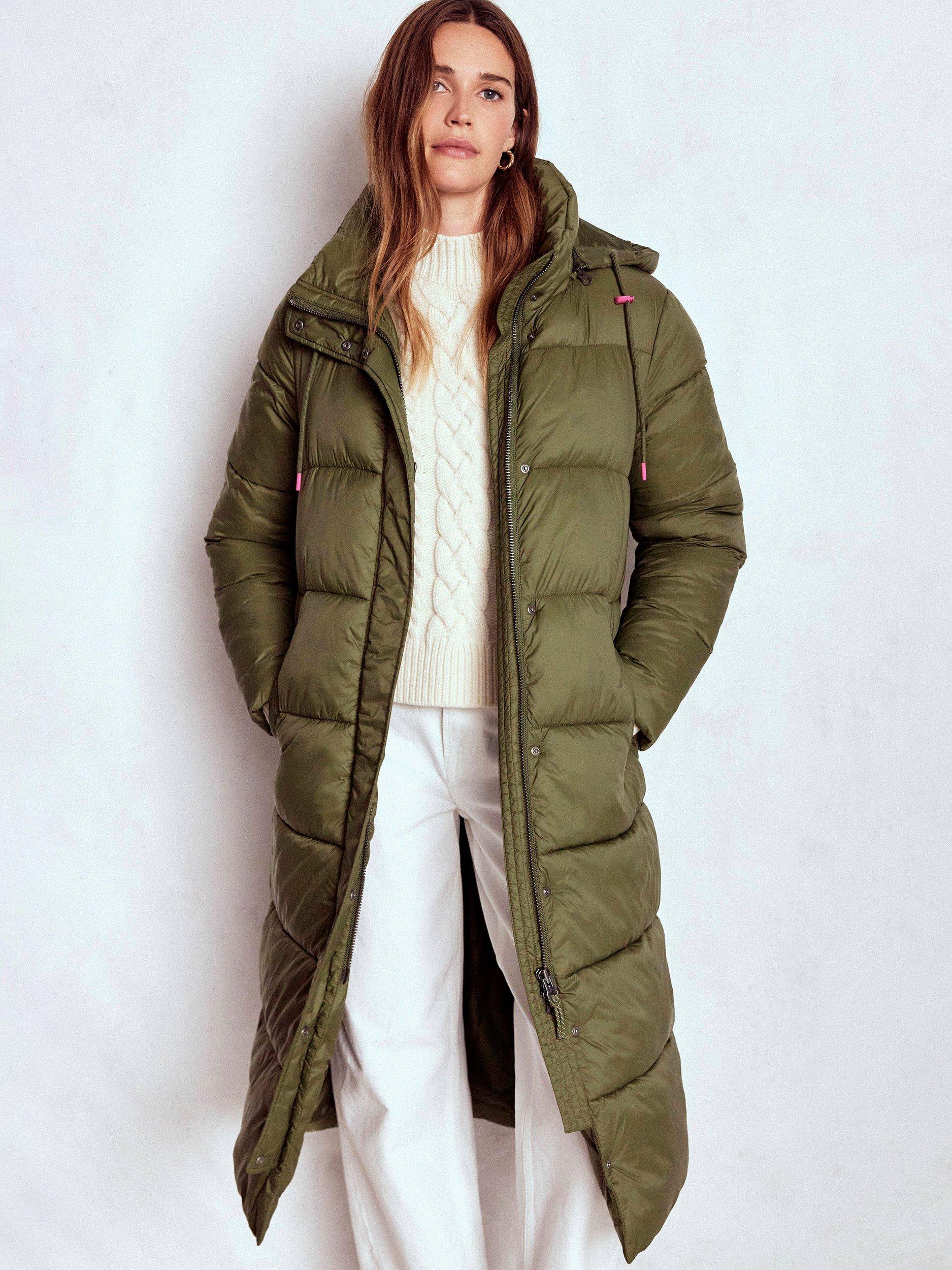 Product image 1 of 6, which shows Boden Longline Padded Hooded Puffer Coat, Woodland Green, 8