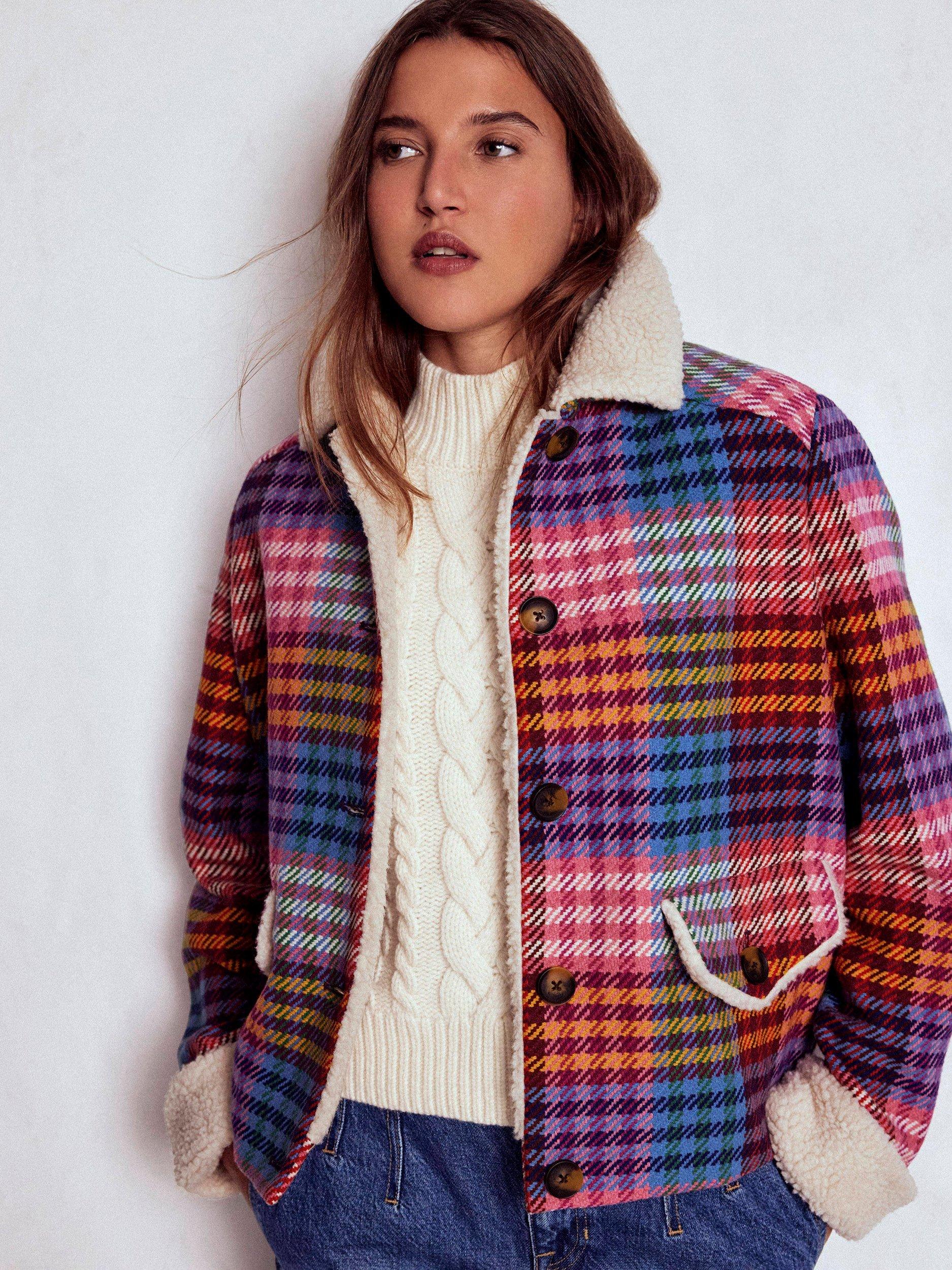 Product image 1 of 6, which shows Boden Stirling Check Wool Blend Jacket, Rainbow, 8