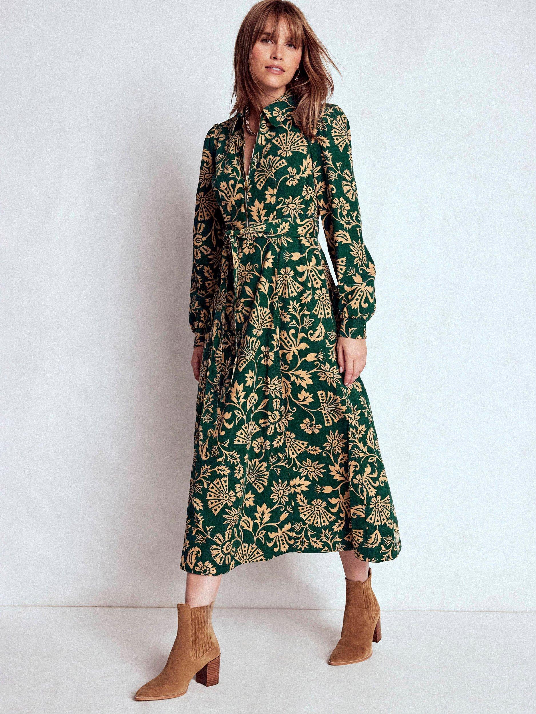 Boden Adelaide Floral Zip Corduroy Midi Dress, Emerald/Multi