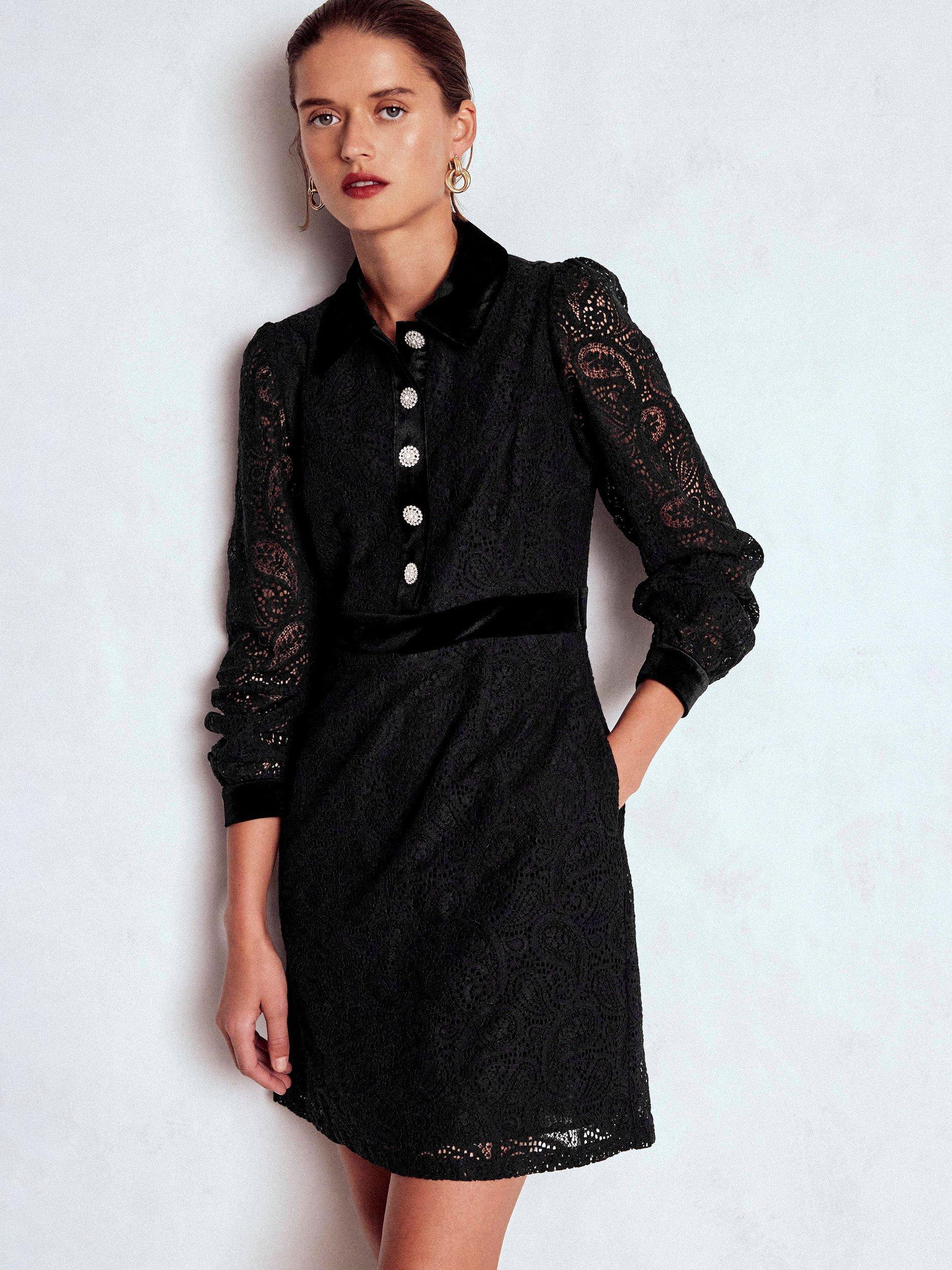 Product image 1 of 5, which shows Boden Collar Button Lace Dress, Black, 18