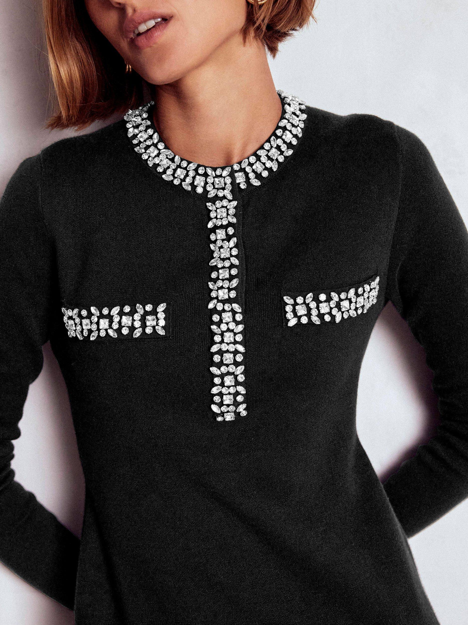 Product image 2 of 6, which shows Boden Embellished Knit Round Neck Mini Dress, Black, 8