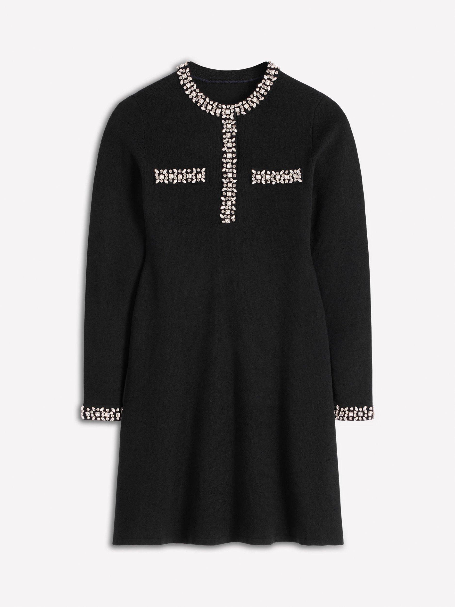 Product image 6 of 6, which shows Boden Embellished Knit Round Neck Mini Dress, Black, 8