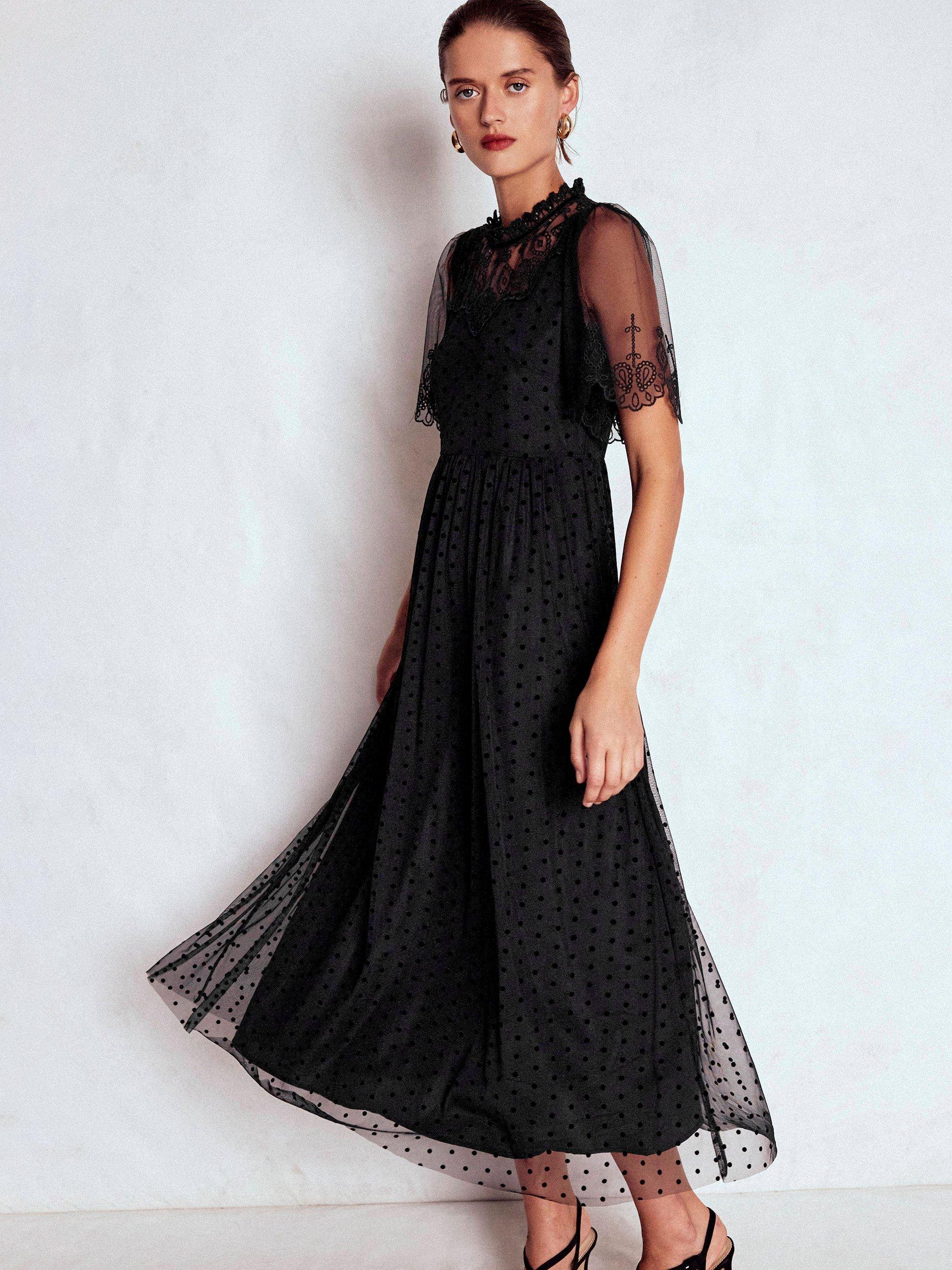 Product image 1 of 7, which shows Boden Embroidered Texture Round Neck Flared Midi Dress, Black, 12