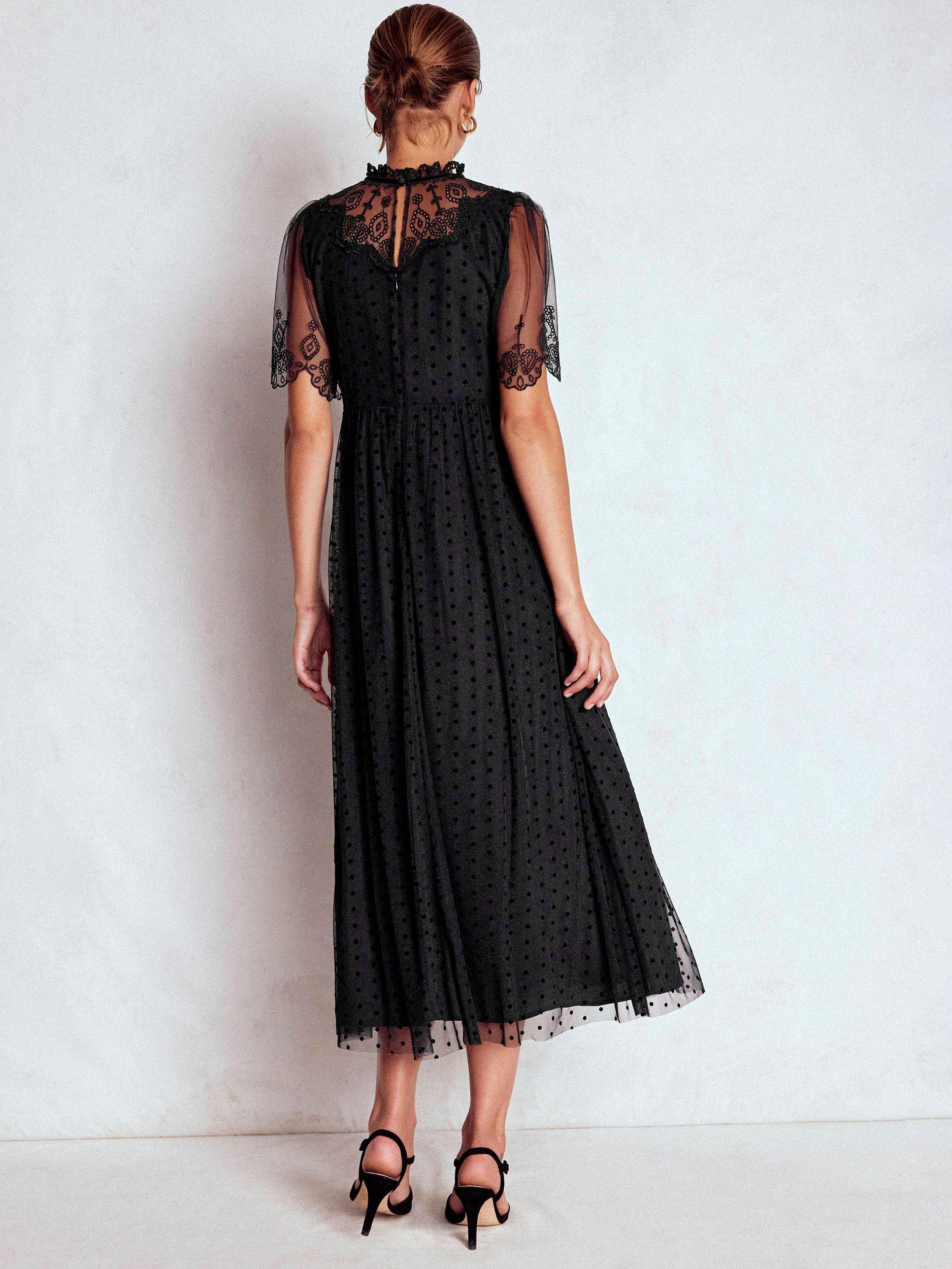 Product image 3 of 7, which shows Boden Embroidered Texture Round Neck Flared Midi Dress, Black, 12